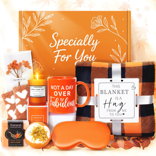 Fortuning's JDS 13PCS Orange for Women,Thank You Birthday Baskets for Women Wife Mom Sister Friend Girlfriend Teacher Get Well Self Care Package Graduation,Sympathy,Retirement Thank You Gifts