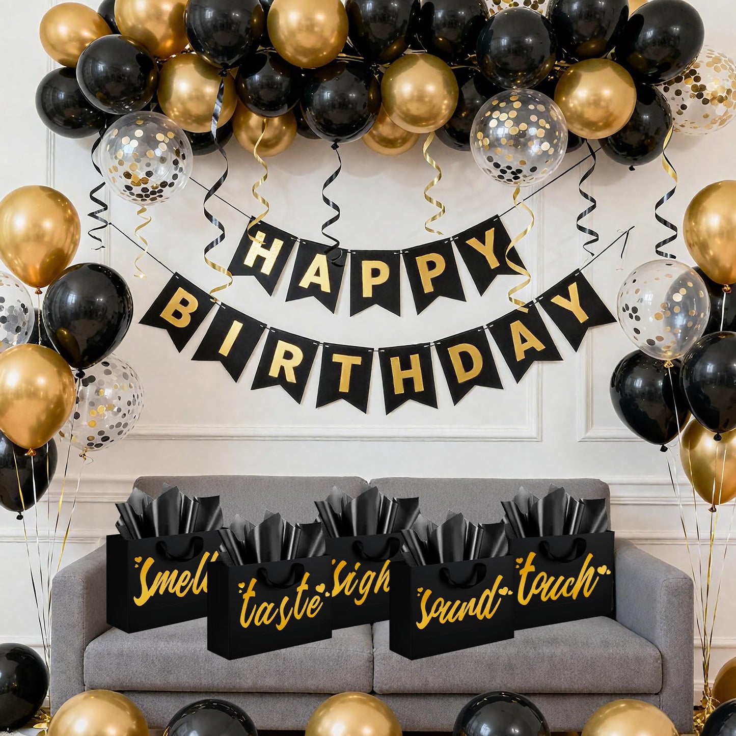 5 Senses Gift Bags for Him with Labels - Five Senses Birthday Party Decorations,Tissue Paper Rose Petals and Happy Birthday Banner Balloons for Husband Boyfriend Party Decor(Gold Black)