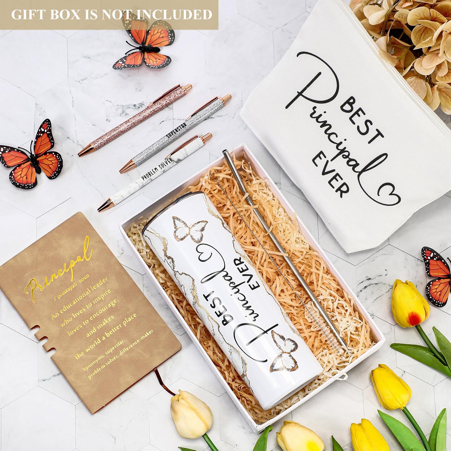 Domensi 6 Pcs End of The Year Gifts for Principal Thank You Gift 20oz Rustic Butterfly Marble Sign Tumbler Makeup Bag Journal for Assistant Principal School Office Birthday Retirement (White)