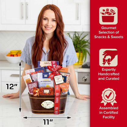 Broadway Basketeers Thank You Gift Basket Send Your Appreciation with This Beautiful Display Basket. Enjoy the Large Assortment of Sweets and Savory Treats, Perfect for Mom Dad Friends