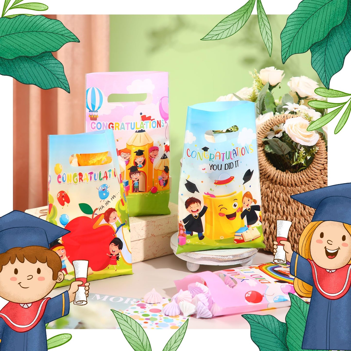 Chivertion 100 Pcs Preschool Graduation Plastic Gift Bags Bulk Kindergarten Graduation Merchandise Treat Bags with Handle for Kids