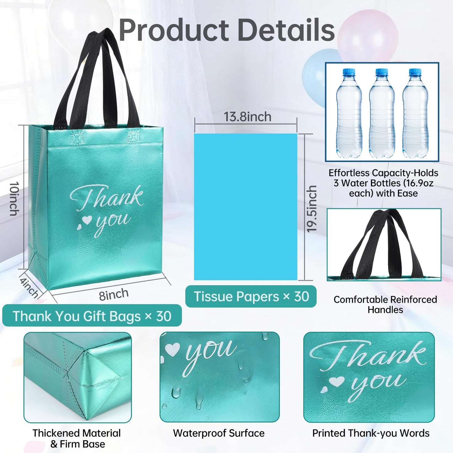 60 Pcs Reusable Gift Bags with Handles Set (10 x 8 x 4 Inch), Include 30 Thank You Bag & Tissue Paper, Medium Colorful Gift Bag Bulk for Birthday, Baby Shower, Bridal Shower, Wedding, Party & Events