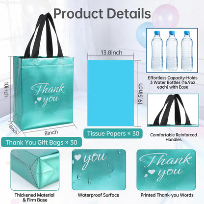 60 Pcs Reusable Gift Bags with Handles Set (10 x 8 x 4 Inch), Include 30 Thank You Bag & Tissue Paper, Medium Colorful Gift Bag Bulk for Birthday, Baby Shower, Bridal Shower, Wedding, Party & Events