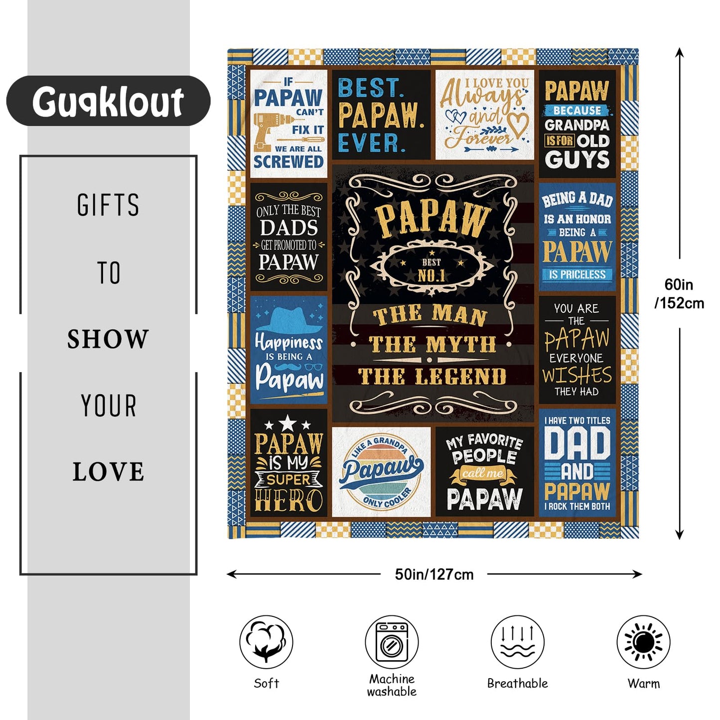 Gifts for Papaw Fathers Day Throw Blanket 60x50 Inch, Papaw Gifts from Grandkids/Grandson/Granddaughter, Papaw’s Gift for Grandpa, Best Papaw’s Birthday Gift