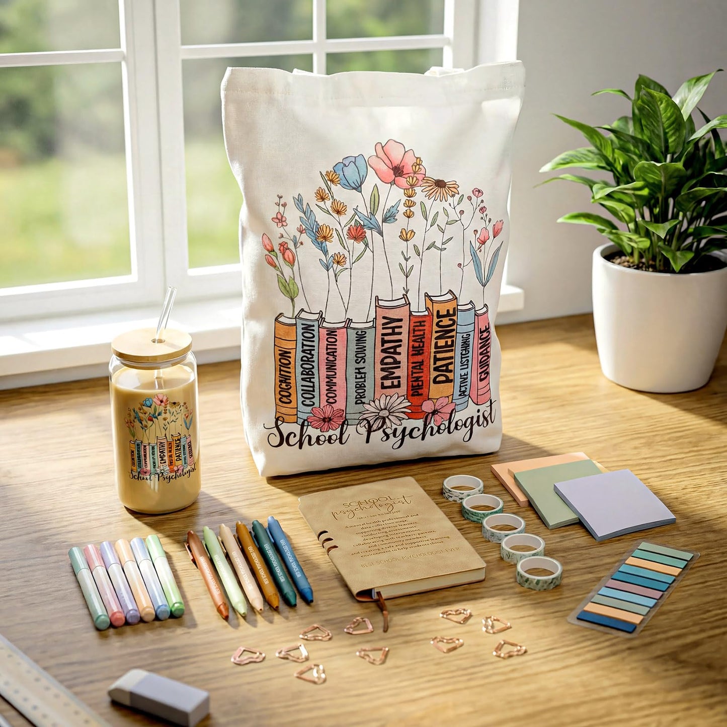 Yungyan 35 Pcs School Psychologist Gift 16 oz Glass Cup Tote Bag Notebook Pen Sticky Note Mental Health Awareness Month for Psychologist Counselor Educator Teacher