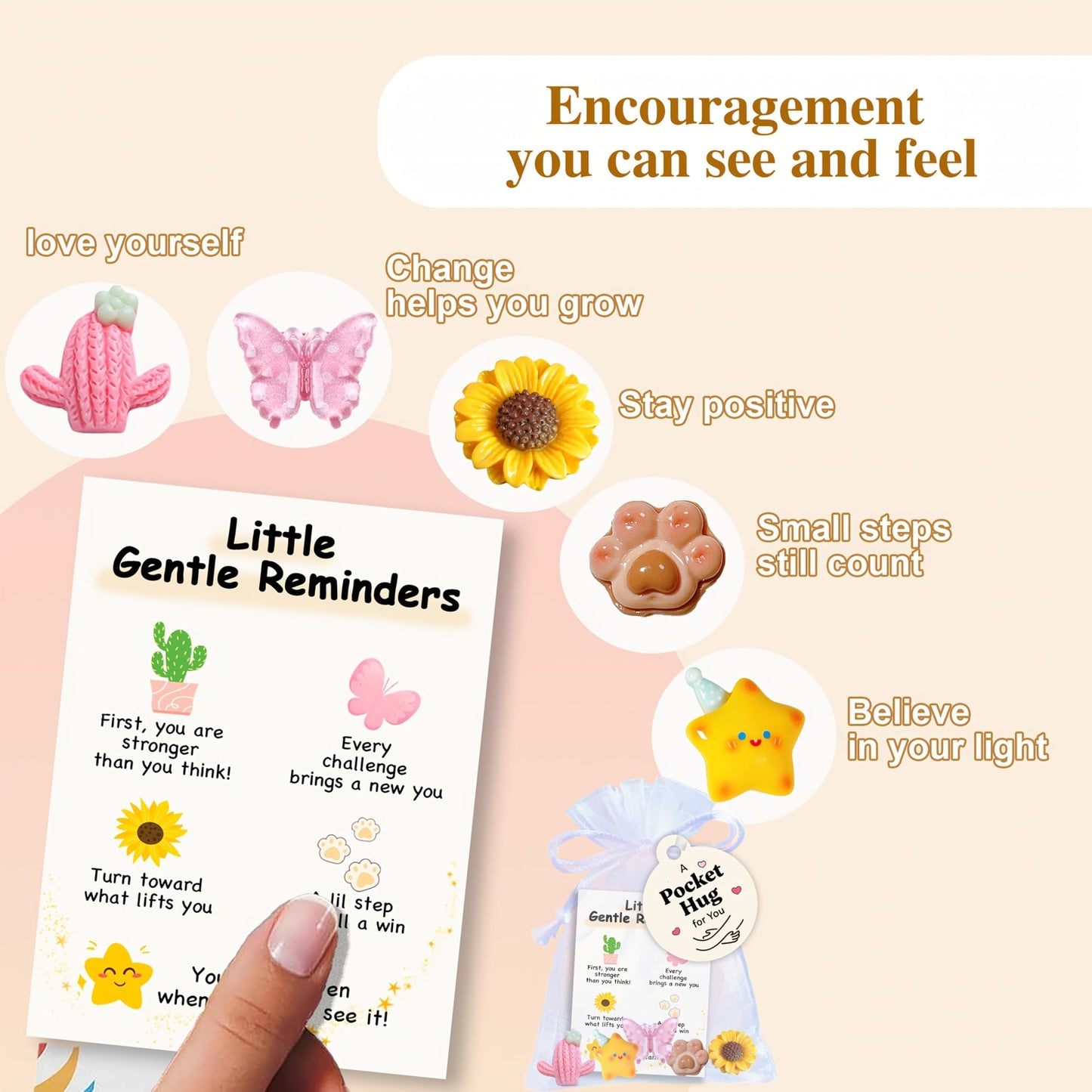 10 Sets Inspirational Card Gifts with Positive Affirmation Card & 5 Resin Figurines, Daily Mindfulness & Encouragement Gifts for Women, Friends, Birthday & Thanksgiving (10, Gentle reminder)