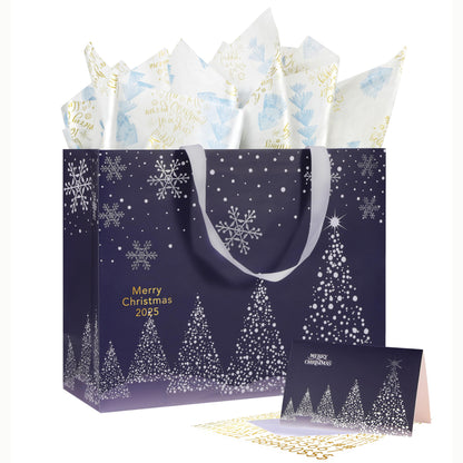 Bobobag 13" Deep Blue Large Christmas Gift Bag with Tissue Paper and Greeting Card, Personalized Platinum Quality Gift Bag for Man's Present