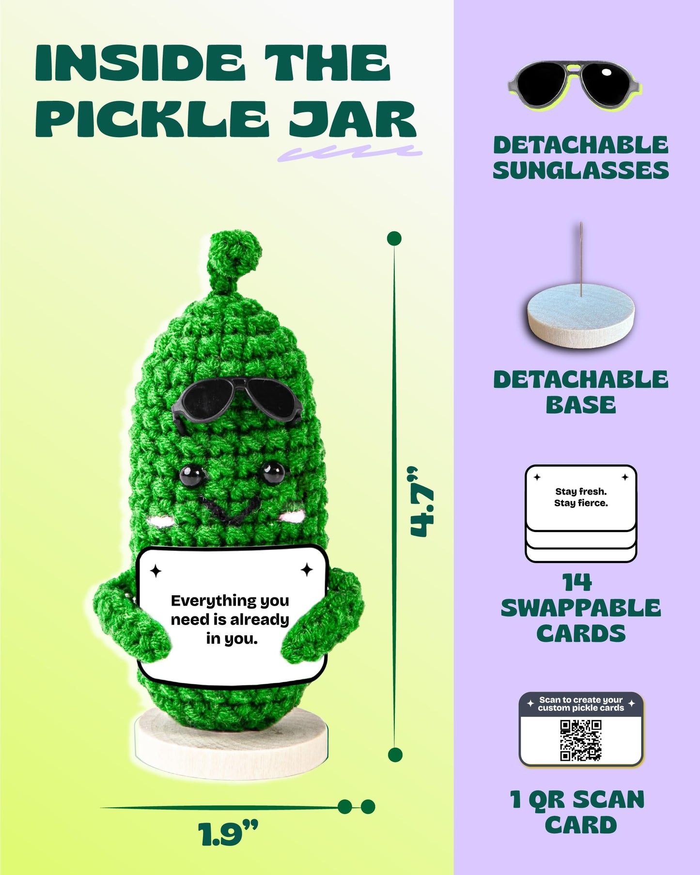 Emotional Support Pickle. Premium Handmade Crochet Plush. 15 Motivational Swappable Cards and Customizable QR Messages. Funny Gift. Perfec for Friends, Coworkers, Motivational Gift.