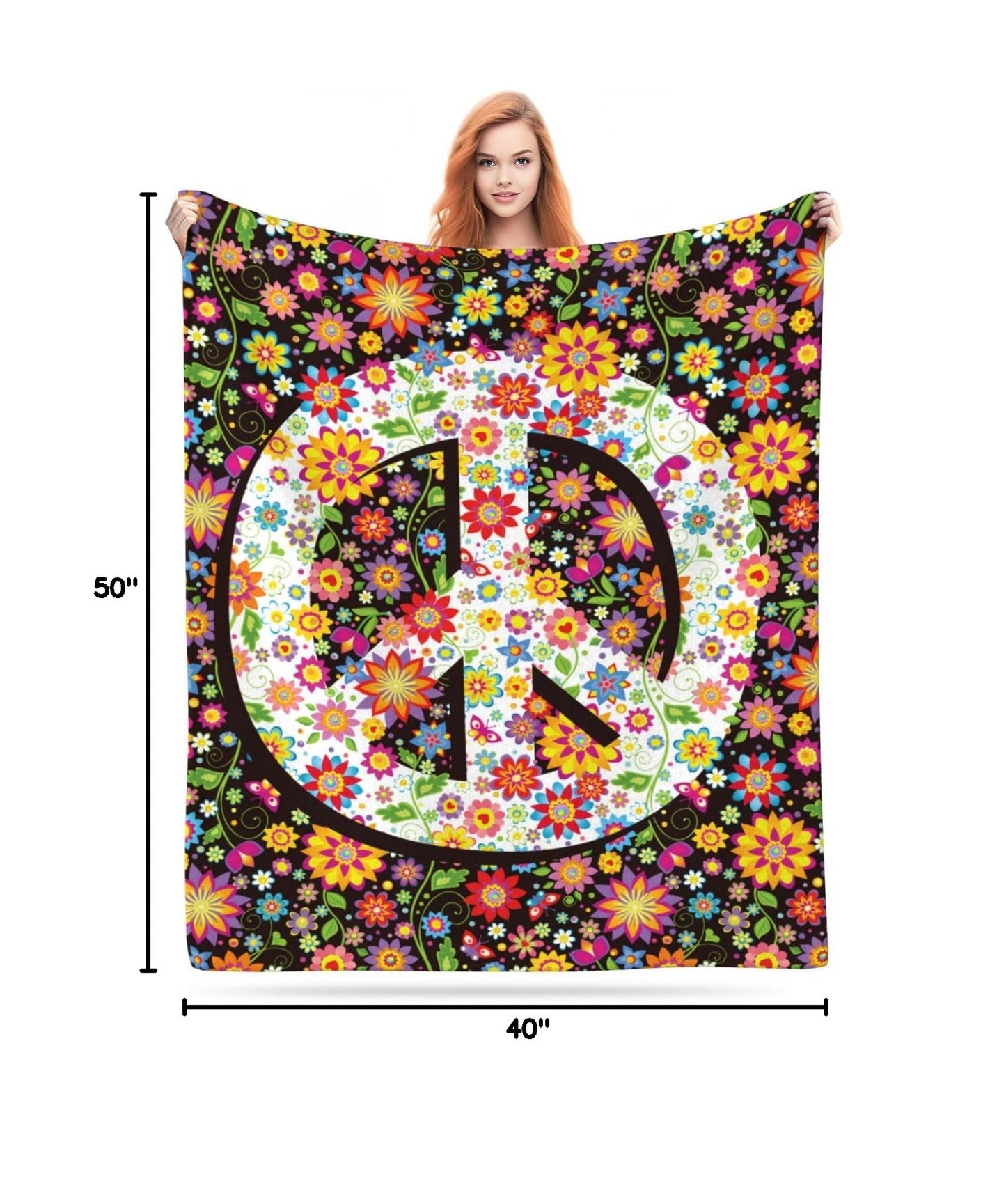 Hippie Flower Peace Blanket, Soft Blankets Flannel Bed Throw Cozy Lightweight Plush Gifts for Women Men Boys Girls Sofa Couch Bedroom Living Rooms Warm All Season, Home Decor, Small 50"x40"