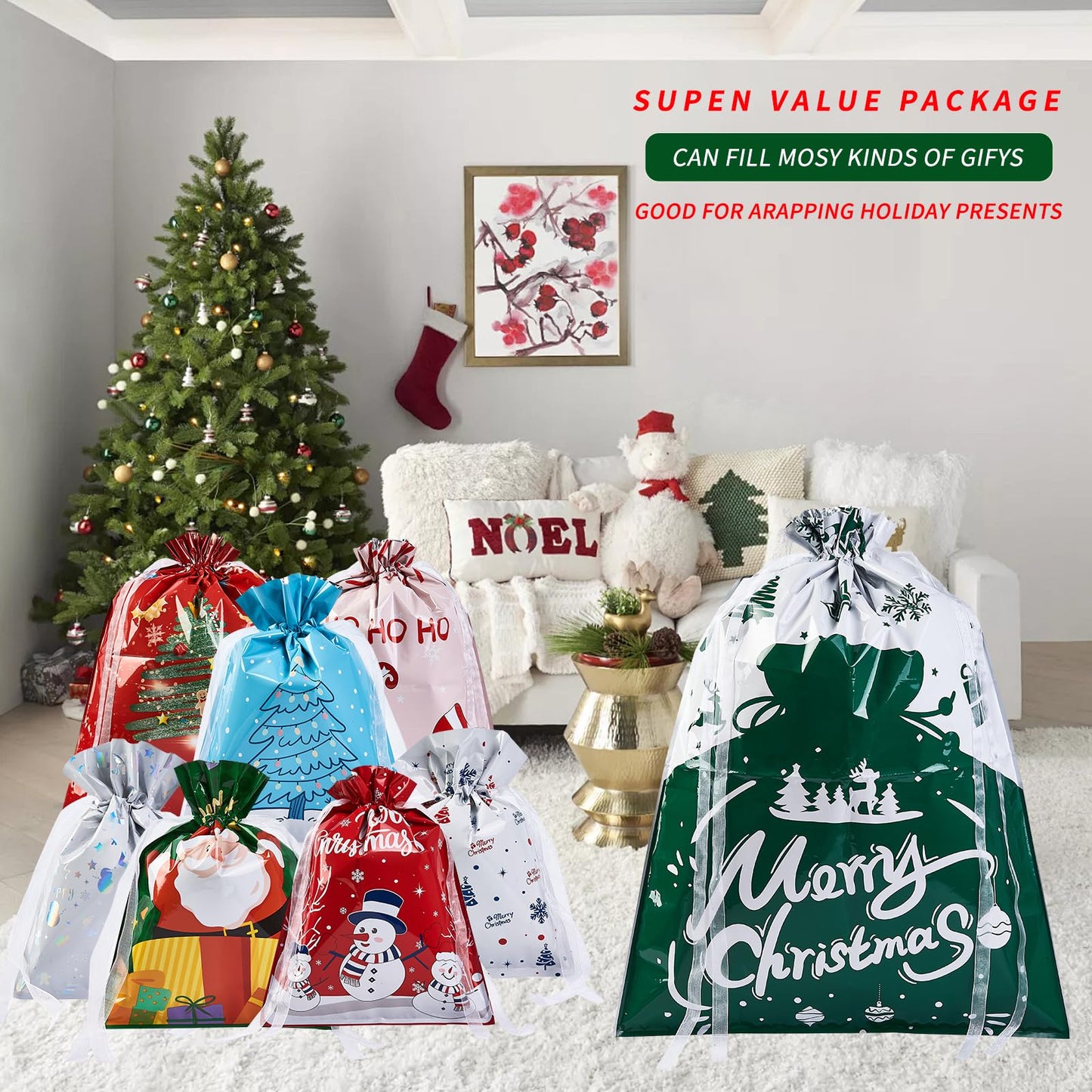 sishunhang 38PCS Christmas Gift Bags, Assorted Sizes Bulk S/M/L, Waterproof Holiday Gift Wrap with Drawstring,Gift Sacks,Gift Wrap Bags,Gift Bags For Presentsgift (38)