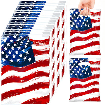 50 Pack American Flag Party Favor Bags, Patriotic Plastic Goodie Treat Gift Bags for 4th of July, Independence Day, Memorial Day, Veterans Day, USA Flag Candy Loot Bags, Patriotic Party Supplies