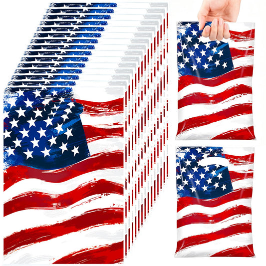 50 Pack American Flag Party Favor Bags, Patriotic Plastic Goodie Treat Gift Bags for 4th of July, Independence Day, Memorial Day, Veterans Day, USA Flag Candy Loot Bags, Patriotic Party Supplies