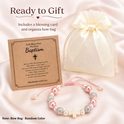 Baptism Gifts for Girl, Cross Pearl Bracelet for Christening First Communion Confirmation, Religious Christian Jewelry Keepsake for Kids Goddaughter Daughter Granddaughter Niece Sister