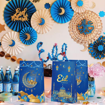 KALEFO Eid Mubarak Favor Gift Bags 24PCS Ramadan Muslim Supplies Goodie Treat BagTable Decorations for Party Birthday Blue