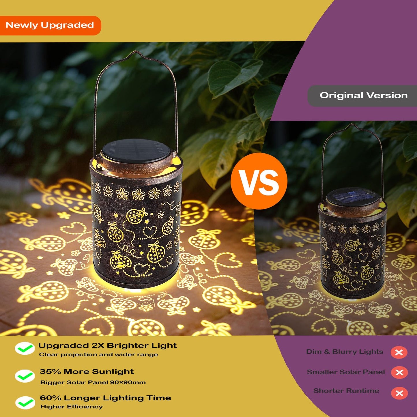 Decorative Solar Lantern Outdoor, Hanging Garden Light with Ladybug Pattern Projection, Waterproof Metal Lantern for Patio Yard Porch, Unique Gift for Women Men Mom Grandma