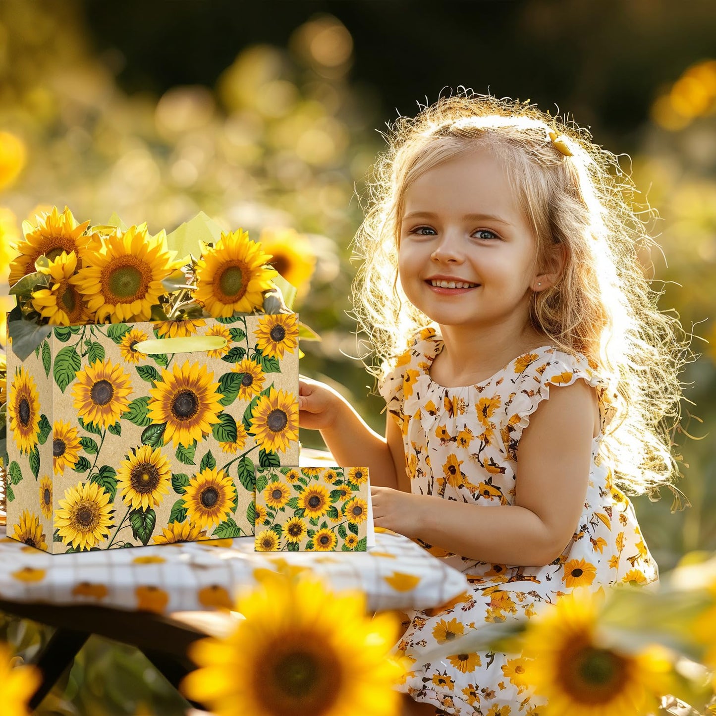 Large Sunflower Gift Bag with Tissue Paper and Greeting Card Yellow Sunflower Party Favor Bags Decorations Floral Sunflower Treat Candy Paper Bag Sunflower Wrapping Paper for Wedding Birthday Gift