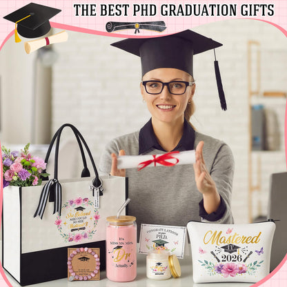 Aliceset 8 Pcs Phd Graduation Gifts for Women It's Dr Actually Gifts for Phd Doctorate Degree Class of 2026 Canvas Tote Bag Tumbler Keychain Makeup Bag Bracelet Greeting Card Scented Candle Socks