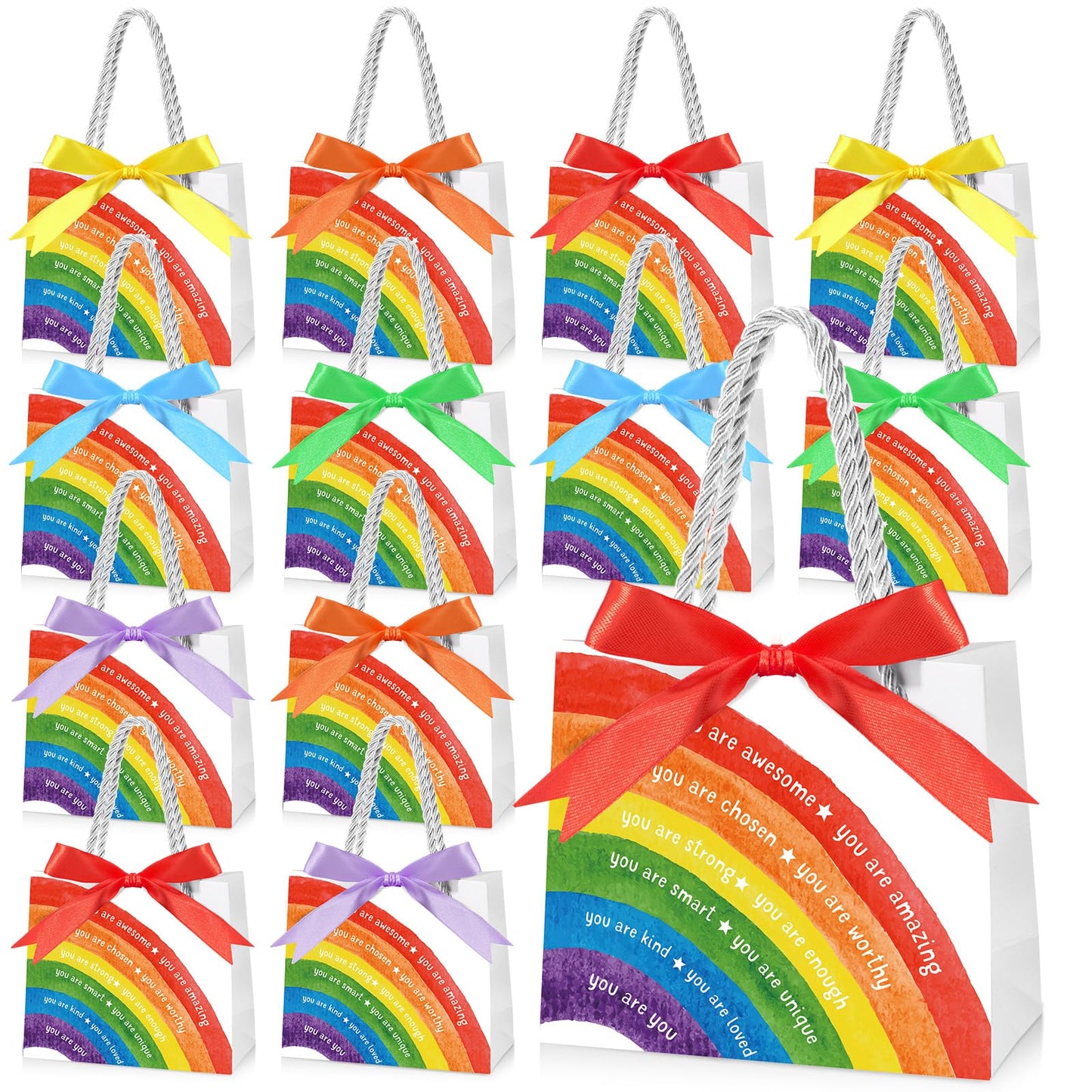 Kolldenn 18 Pack End of School Year Gift Bags for Students Rainbow Goodie Bags with Handles Ribbon Rainbow Inspiration Last Day of School Party Favors for Classroom from Teacher