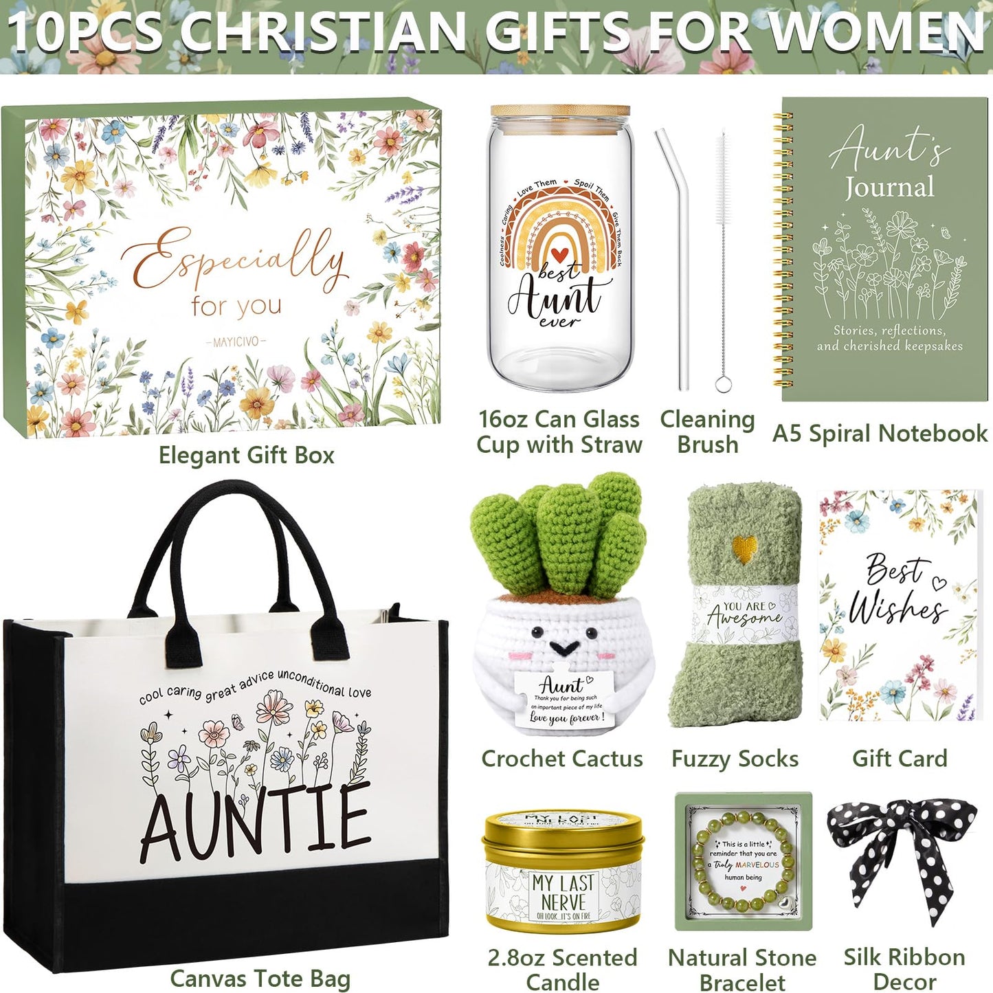 MAYICIVO Aunt Gifts from Niece Nephew, Mothers Day Aunt Birthday Gifts for Auntie, Best Auntie Christmas Birthday Gift Mothers Day Gift Baskets for Aunts Women with Canvas Tote Bag 16Oz Glass Cup