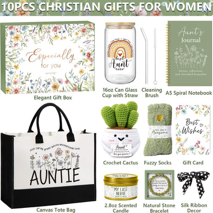 MAYICIVO Aunt Gifts from Niece Nephew, Mothers Day Aunt Birthday Gifts for Auntie, Best Auntie Christmas Birthday Gift Mothers Day Gift Baskets for Aunts Women with Canvas Tote Bag 16Oz Glass Cup
