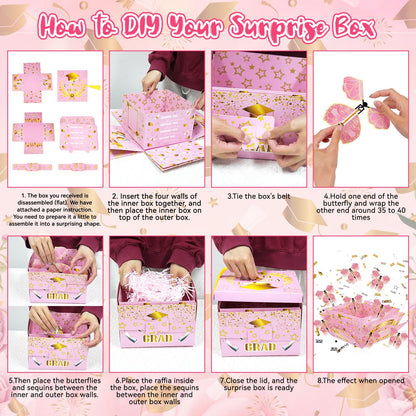 Graduation Gift Boxes 2026, Surprise Gift Box Explosion with 8 Pcs Flying Butterfly Photo DIY, Graduation Box 2026 Exploding Gift Box for High School College Graduate Party Decoration (Pink & Glod )