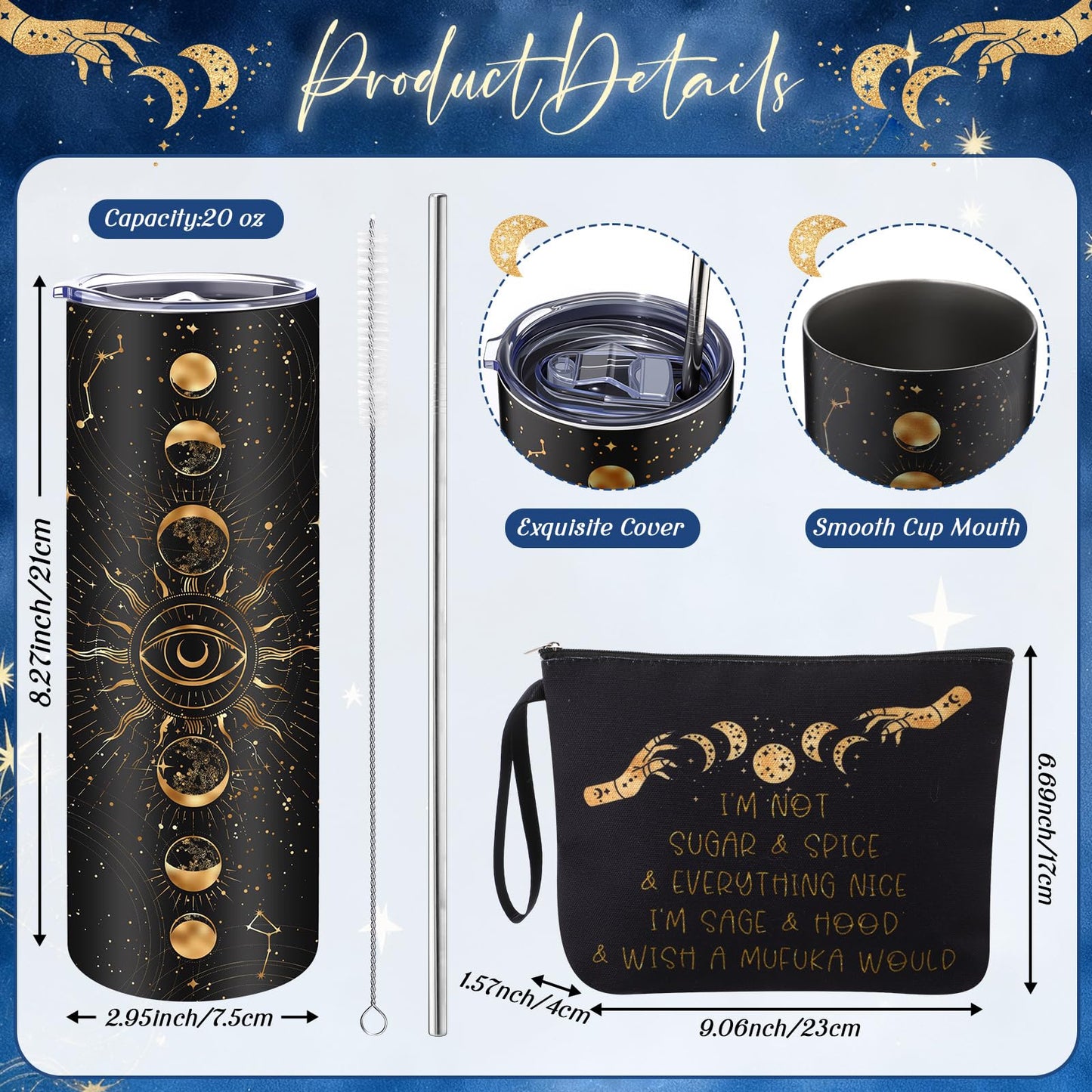 FoldTier 6 Pcs Gothic Witch Gift 1 Moon Phase Tumbler with Lids and Straw 1 Witchy Makeup Bag & 1 Journal Notebook 3 Inspirational Ballpoint Pens Xmas Witchcraft Lover Gift for Women Friends