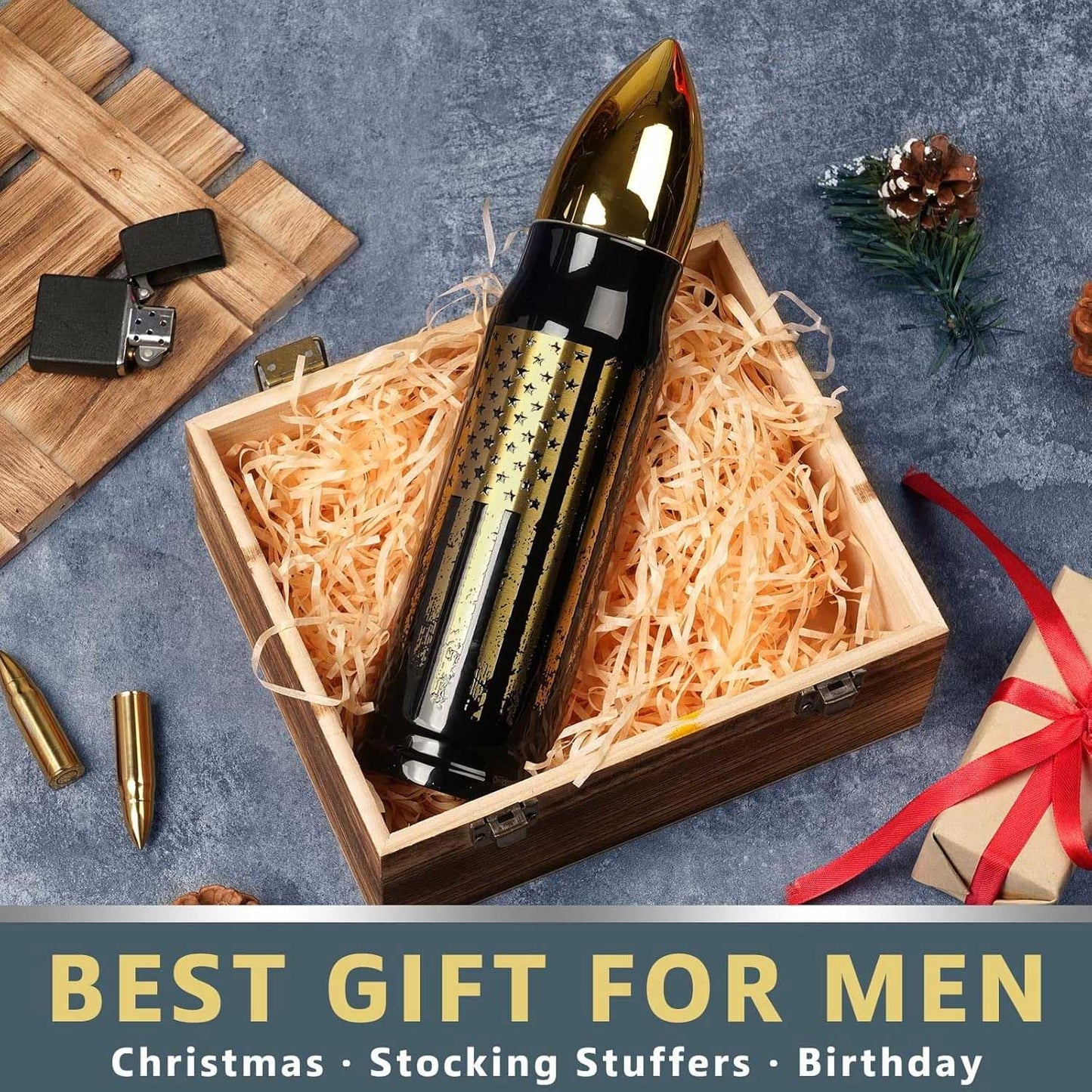 17oz Bullet Tumbler Stainless Steel Gifts for Men Dad Him Husband, Unique Shaped Thermos, Coffee Mug, Anniversary Birthday Dad Gifts for Men, Present Ideas for Fathers Day, Fishing Hunting Camping