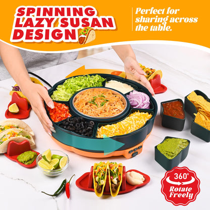 Taco Tuesday Kit - Taco Bar Serving Set for a Party with 33oz Heated Pot, 4 Taco Holders, Detachable Lazy Susan Tray, Perfect for Parties, Nachos Taco Night Fiesta Unique Couple & Housewarming Gift