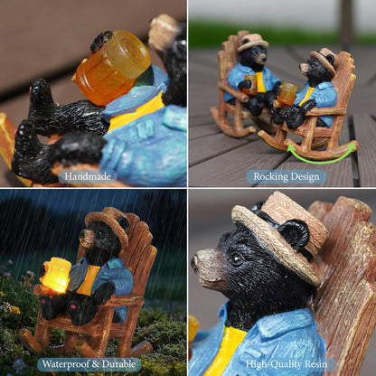 4.3" Miniature Solar Black Bear Garden Statue - Small Funny Bear in Rocking Chair with Glowing Beer Mug, Whimsical Outdoor Figurine for Patio & Desktop, Unique Birthday Gift for Dad/Men