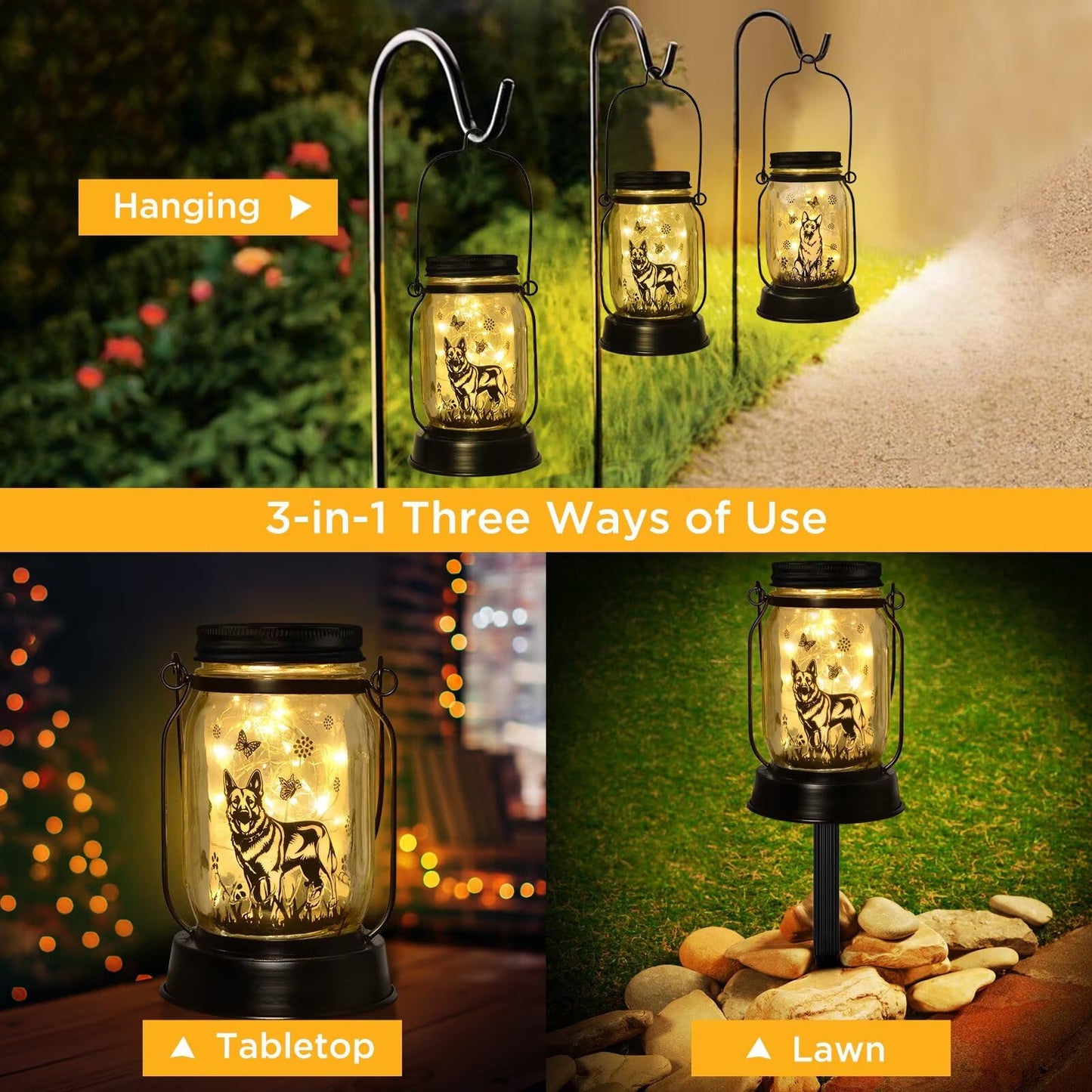 Kyoryuger German Shepherd Gifts for Women/Men, German Shepherd Solar Lanterns Dog Mom Birthday, Dog Lovers Lantern, Pet Loss Pet Memorial, Solar Garden Decor Outside for Yard, Patio,Backyard,Porch