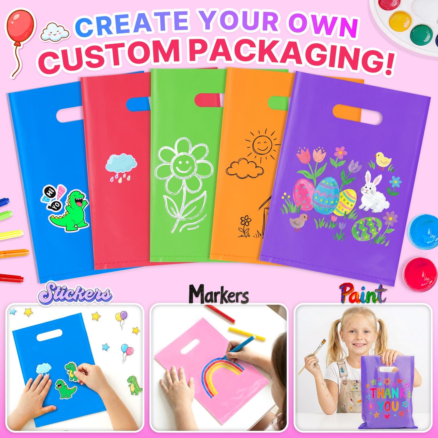 ANZNKU 50 PCS Multicolor Party Favor Gift Bags 8"x11", Goodie Bag Bulk for Candy Jewelry Treat Snack Craft, Small Reusable Plastic Party Bags with Handles for Kids Birthday, School & Festive Events