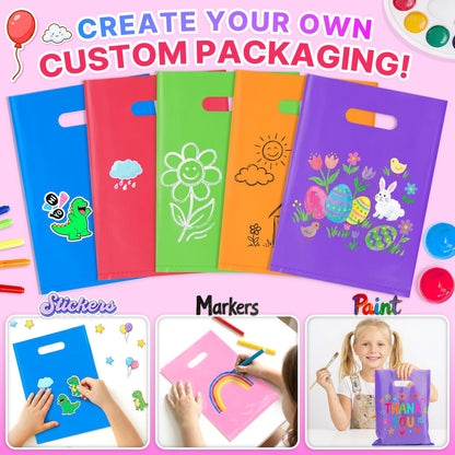 ANZNKU 50 PCS Multicolor Party Favor Gift Bags 8"x11", Goodie Bag Bulk for Candy Jewelry Treat Snack Craft, Small Reusable Plastic Party Bags with Handles for Kids Birthday, School & Festive Events