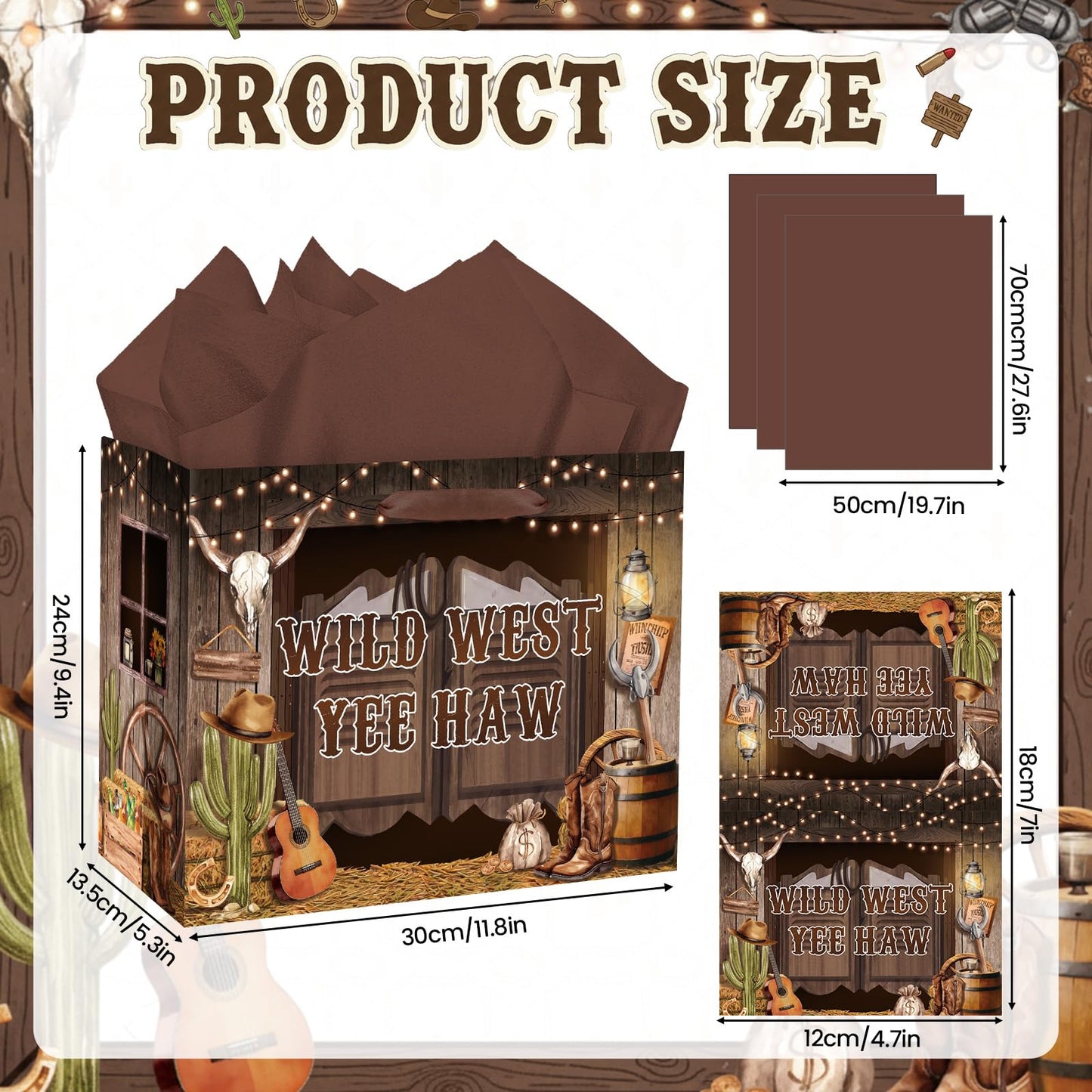 MOORIIY Western Cowboy Gift Bag with Tissue Paper and Greeting Card, Rustic Cowboy Birthday Gift Bag Wild West Wrapping Paper Bag for Boys Girls Birthday, Western Rodeo, Baby Shower Party Supplies