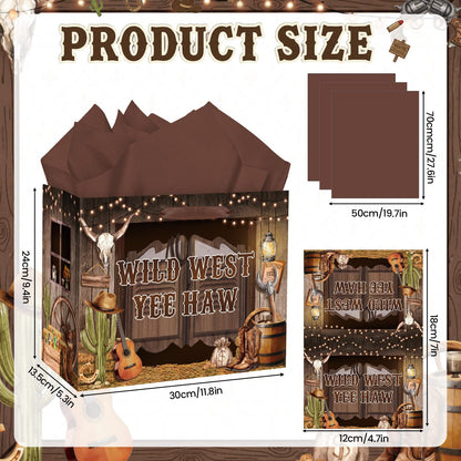 MOORIIY Western Cowboy Gift Bag with Tissue Paper and Greeting Card, Rustic Cowboy Birthday Gift Bag Wild West Wrapping Paper Bag for Boys Girls Birthday, Western Rodeo, Baby Shower Party Supplies