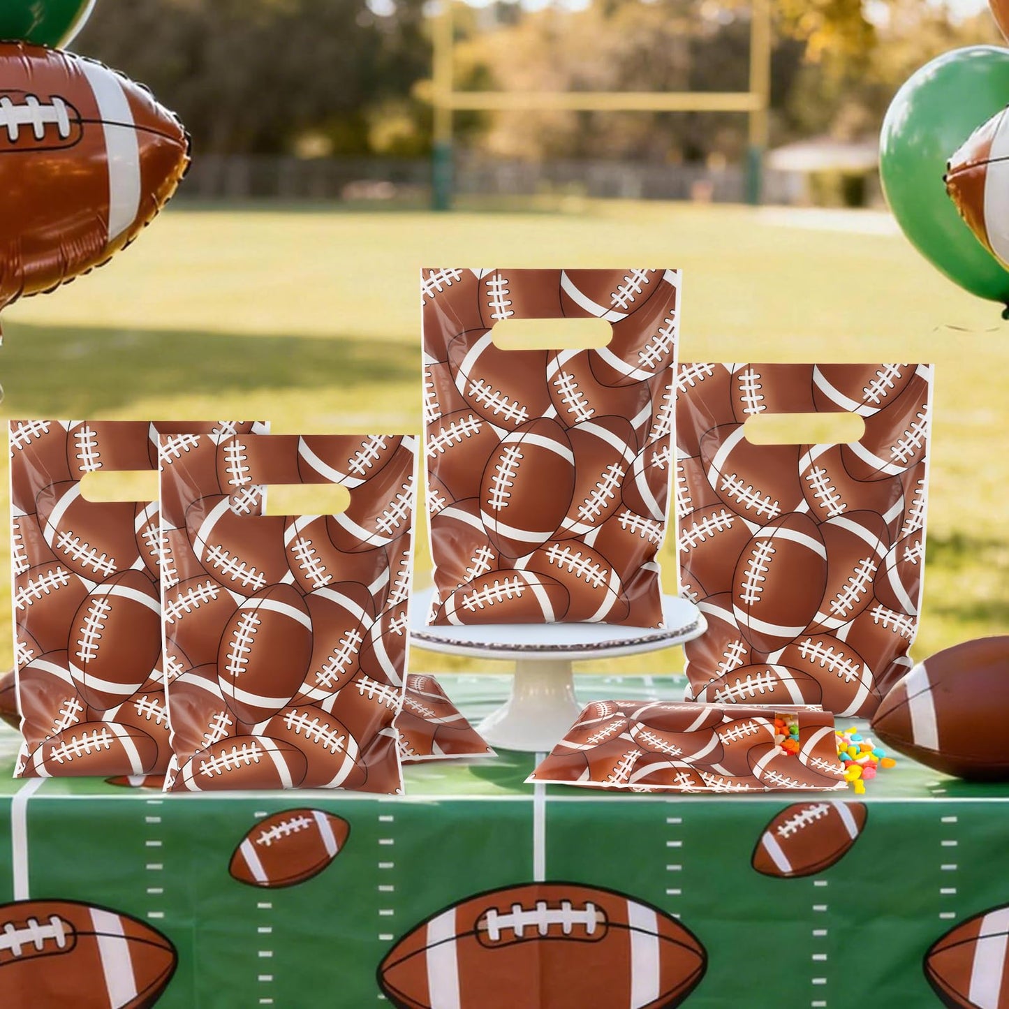 Hxezoc 50 Pieces Football Gift Bags with Handle, Plastic Treat Candy Bag Sport Favor Bags with Football Pile For Kids Birthday Party Decoration Supplies
