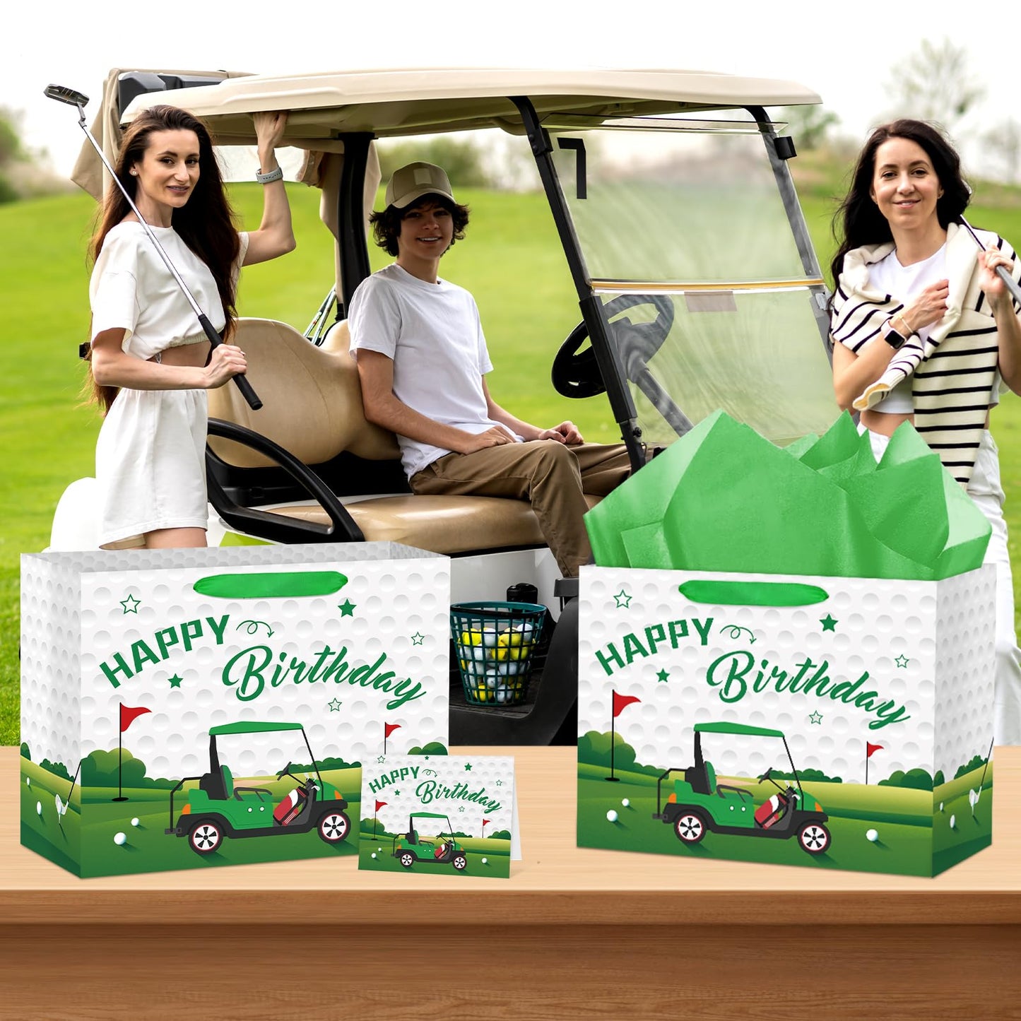 Hooqict Large Golf Gift Bag Golf Themed Birthday Party Gift Wrapping Bag with Handles, Tissue Paper, Greeting Cards for Kids Boys Men Goodie Candy Treat Party Favors