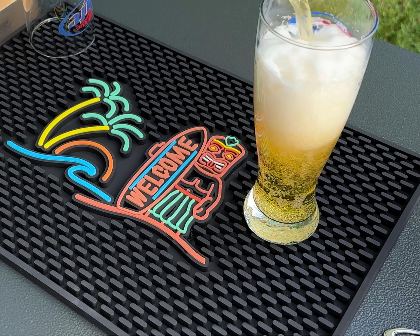 Welcome Tiki Bar Mat 18x12 in, Silicone Tiki Decor, Surfboard Welcome Sign Greeting, Tropical Home Accessories, Luau Party Decorations, Host Gift, Bar Cart Decor