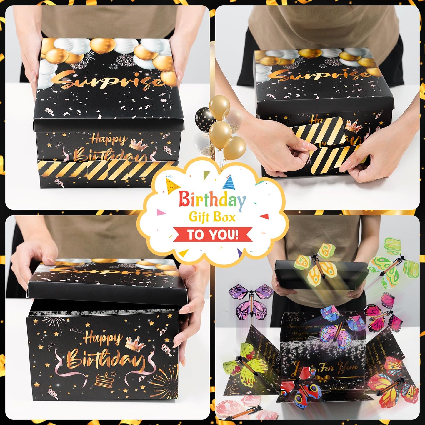 Surprise Gift Box Explosion, Birthday Flying Butterfly Explosion Gift Box with 8 Colorful Butterfly Sequins Raffia, Exploding Gifts Boxs for Birthday Gifts Wrapping