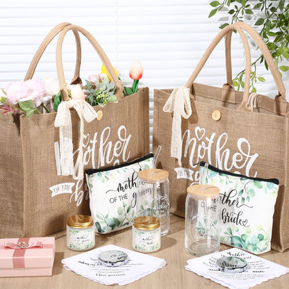 Hushee 2 Sets Mother of the Bride and Mother of the Groom Gifts Set Includes 16 oz Glass Cups Canvas Tote Bags Cosmetic Bag Handkerchief Candle for Mom Bridal Shower Wedding Gifts(Eucalyptus)