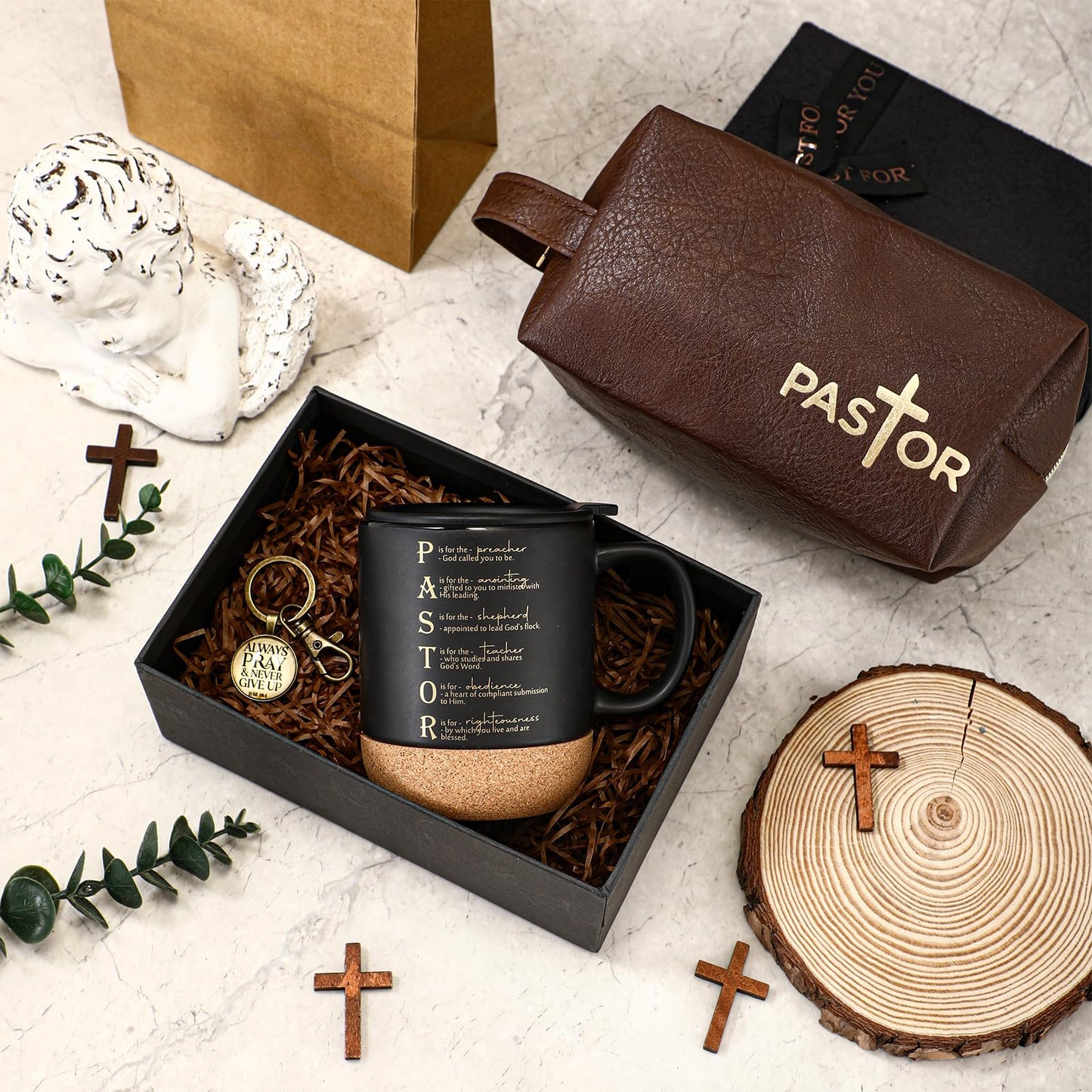 Dansydaisy 3 Pcs Fathers Day Church Gifts 13.5 oz Ceramic Cup with Lid Man of God Religious Leather Bag and Inspirational Christian Keychain for Men Pastor Church Welcome Gifts(Pastor,Brown)