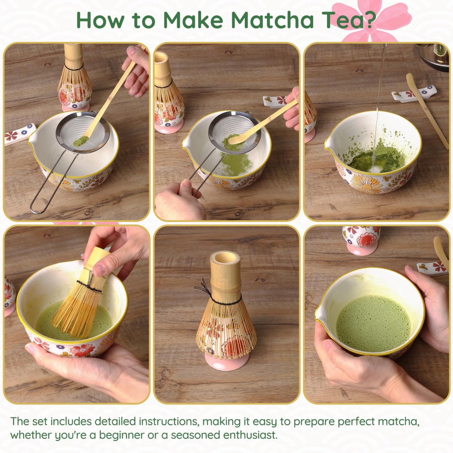 Gifts for Mom, Hand-Painted Floral Matcha Ceremony Set, 6-Piece Japanese Tea Ritual Kit with Ceramic Bowl & Bamboo Whisk – Mindful Matcha Gift Set