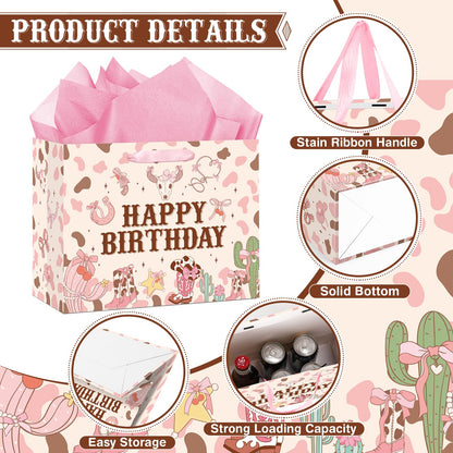 Wauprant Large Cowgirl Birthday Gift Bag for Girls Pink Wild West Western Happy Birthday Gift Bag with Wrapping Paper and Card for Girls First Rodeo Baby Shower Bachelorette Bday Party Supplies