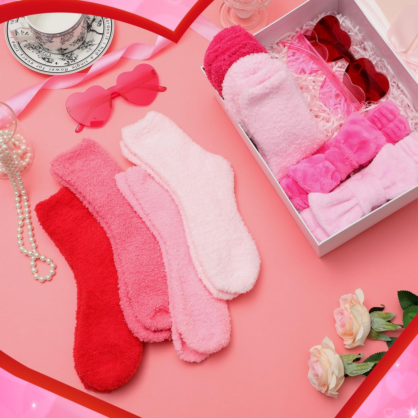 12 Sets Galentines Gifts Bulk for Girl Women Valentines Day Gifts Pink Heart Rimless Sunglasses Spa Bow Headband for Washing Fluffy Soft Socks Spa Sleepover Party Favor