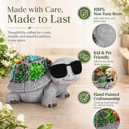 Unique Solar Garden Turtle Statue with I Love You LED Sunglasses and Succulent LED Lights, Lawn Decor Tortoise Figurine for Patio, Balcony Yard Ornament for Mom, Women & Grandma