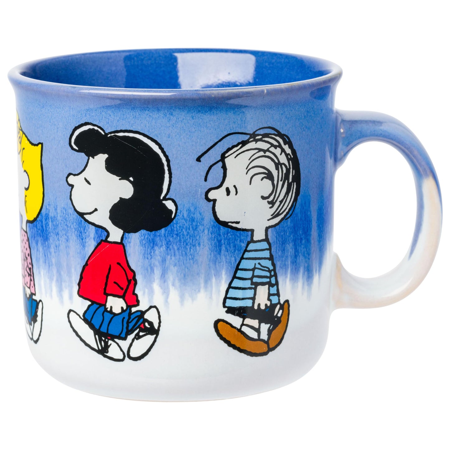 Silver Buffalo Peanuts Reactive Glaze Ceramic Camper Mug Featuring Charlie Brown, Lucy, Sally, Woodstock, and Linus, 20 Ounces