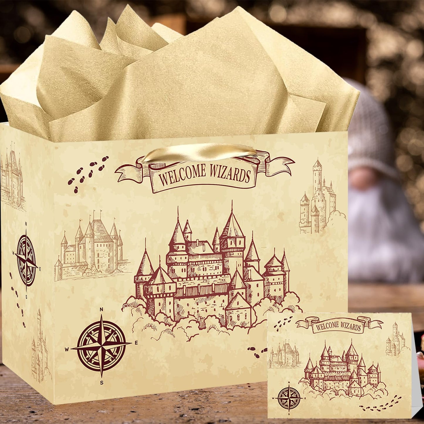 Magical Wizard Gift Bag, Large Wizard Theme Birthday Gift Bag, with Card and Tissue Paper, Christmas Party Favors Supplies for Baby Shower, Kids, Boys, Girls, Birthday, Christmas Celebrations