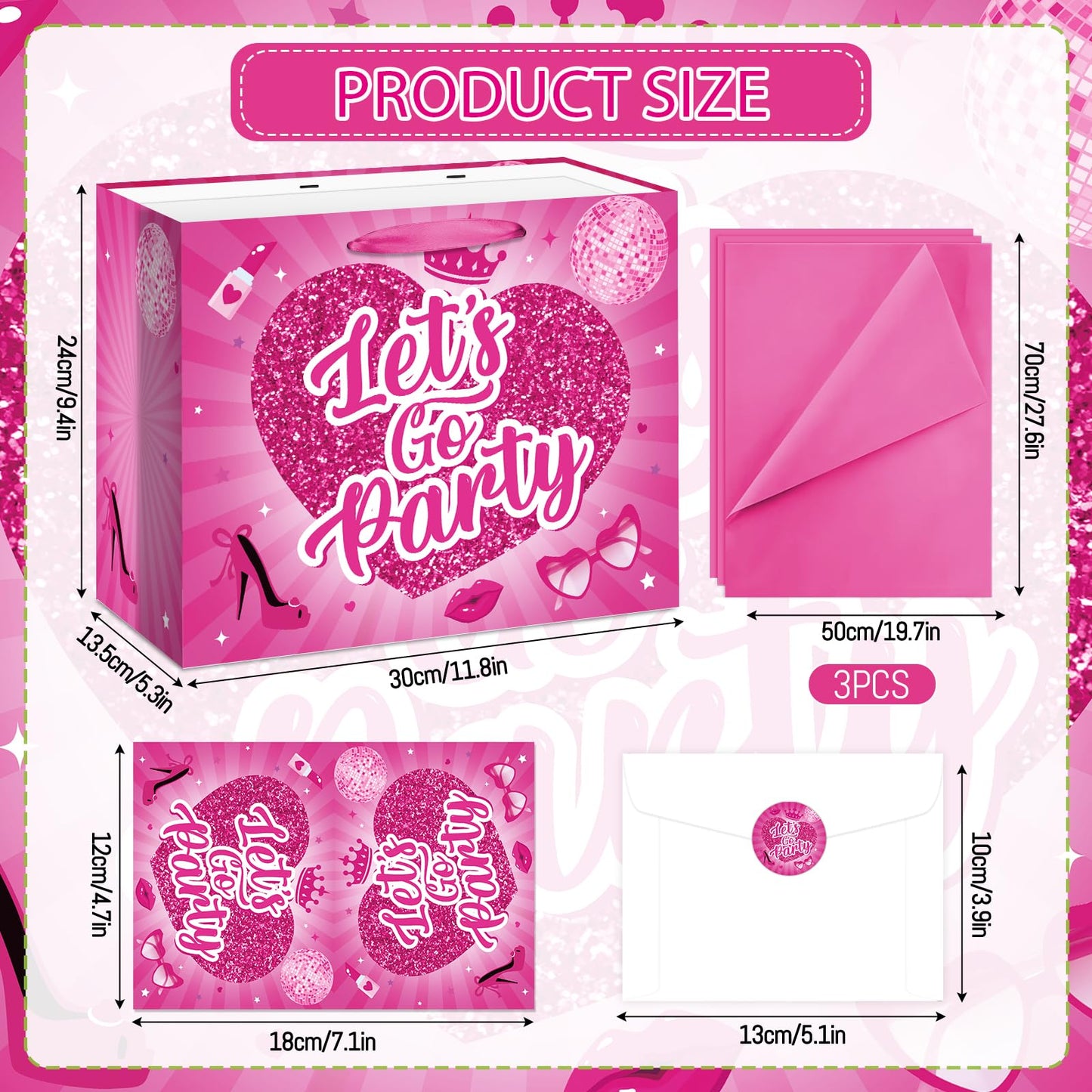 Allparty 11.8” Hot Pink Gift Bag, Let’s Go Party Design with Wrapping Paper, Card, Envelope & Sticker for Girls Birthday, Bridal Shower, Bachelorette Party Supplies