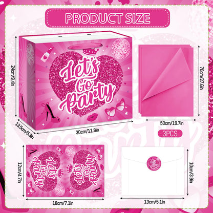 Allparty 11.8” Hot Pink Gift Bag, Let’s Go Party Design with Wrapping Paper, Card, Envelope & Sticker for Girls Birthday, Bridal Shower, Bachelorette Party Supplies