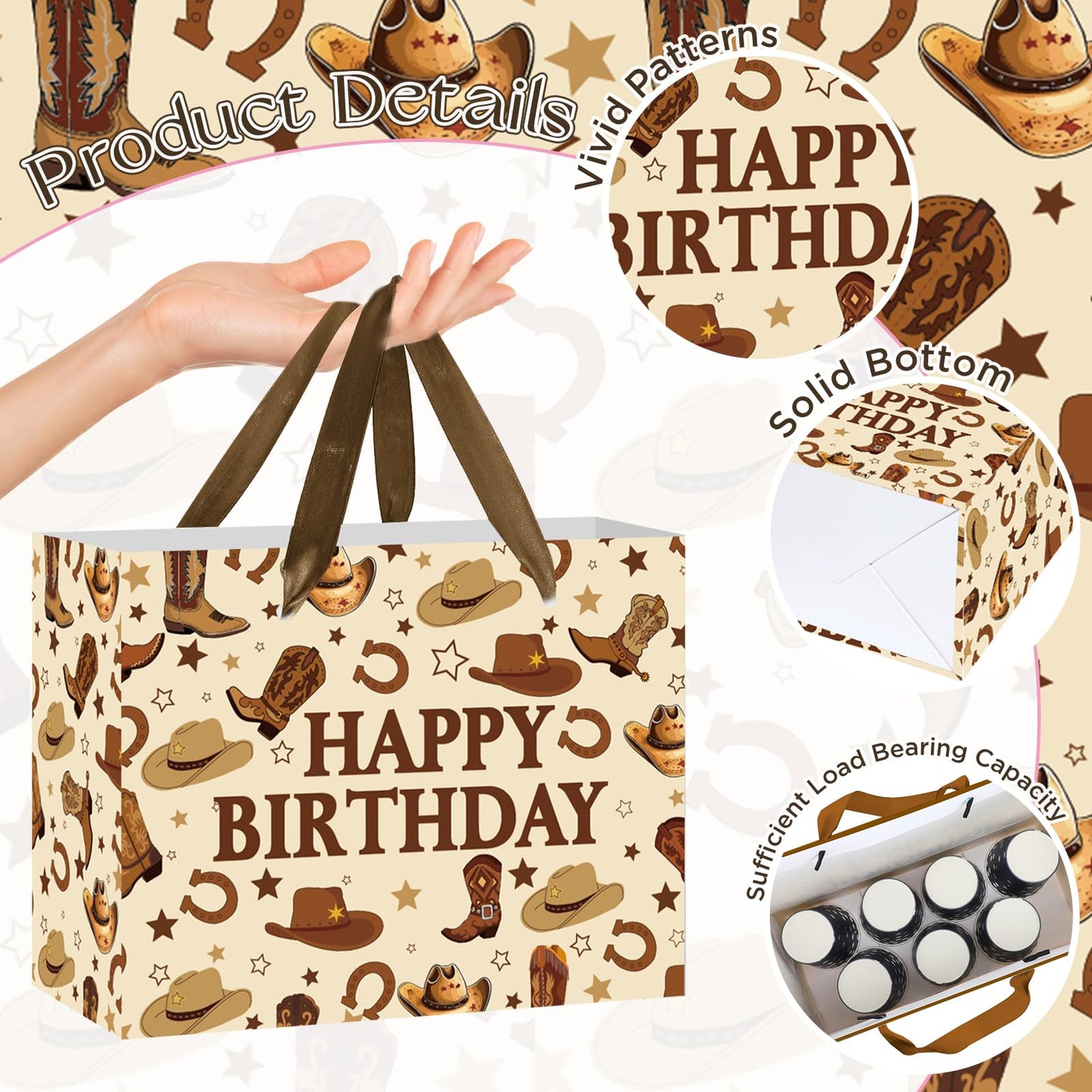 TagreSpike Western Cowboy Birthday Gift Bag for Boys Men Rustic Rodeo Gift Wrapping Bag with Dark Brown Tissue Paper & Card - Country Farm Theme Party Supplies Presents for Kids Son My First Rodeo