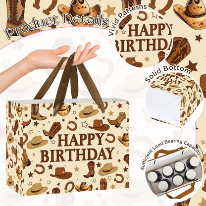 TagreSpike Western Cowboy Birthday Gift Bag for Boys Men Rustic Rodeo Gift Wrapping Bag with Dark Brown Tissue Paper & Card - Country Farm Theme Party Supplies Presents for Kids Son My First Rodeo